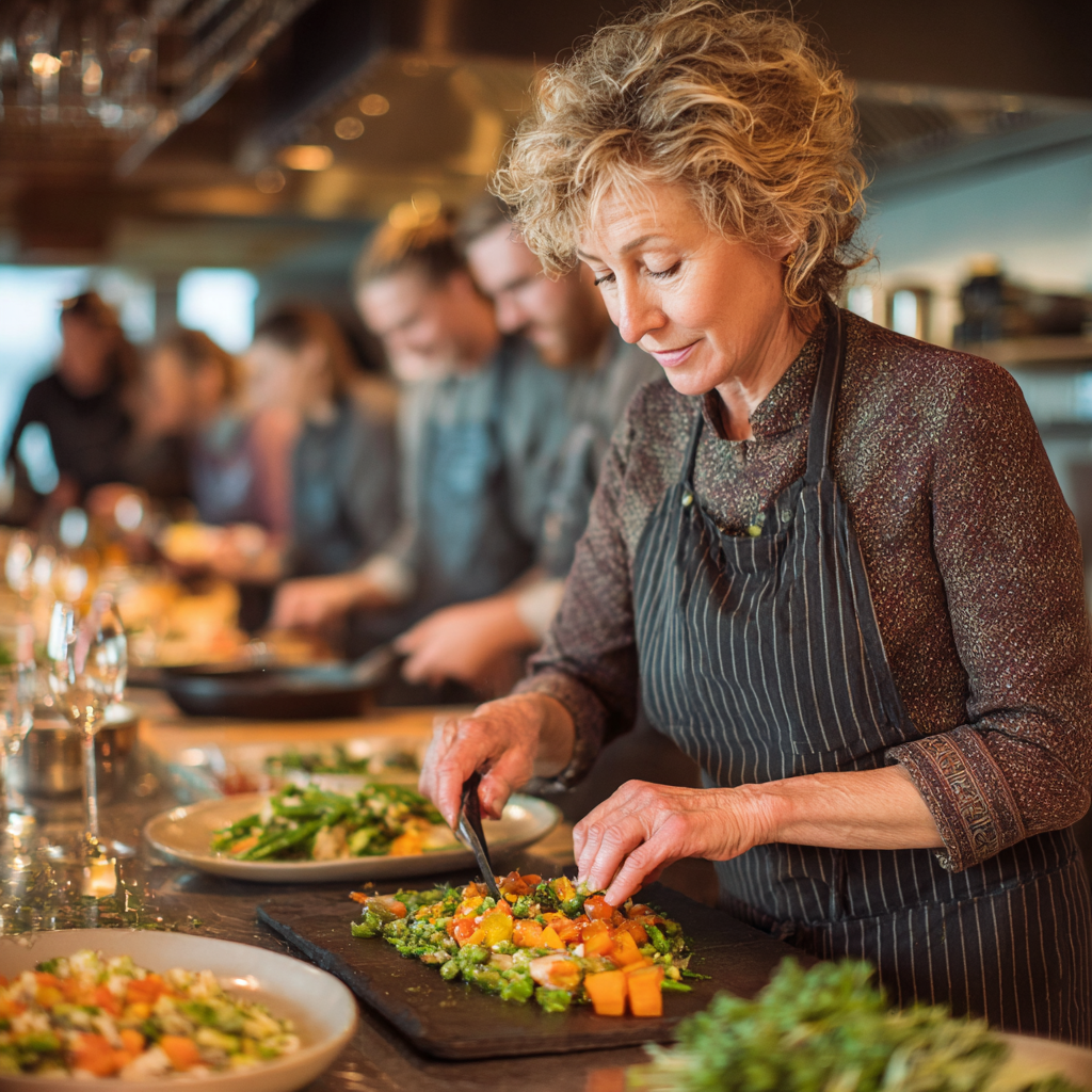 Experienced nutritionist in professional kitchen teaching healthy cooking techniques to middle-aged students