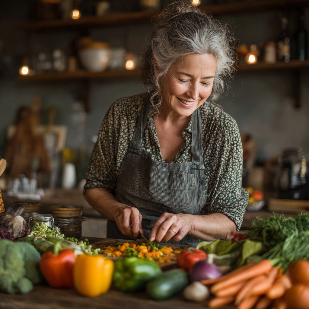 Happy middle-aged woman in kitchen preparing healthy meal with colorful vegetables and fruits, smiling while chopping ingredients
