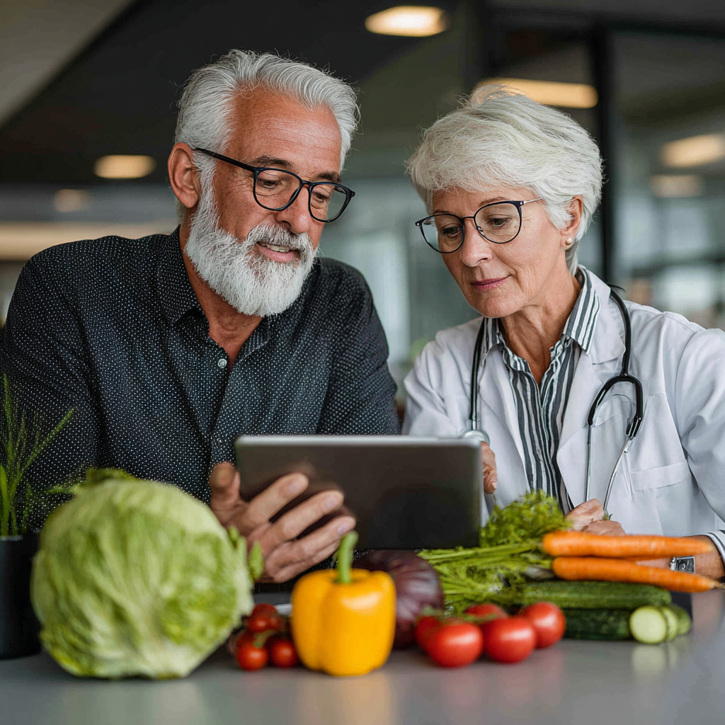 Professional nutritionist in office consulting with middle-aged client, both looking at healthy meal plan on tablet